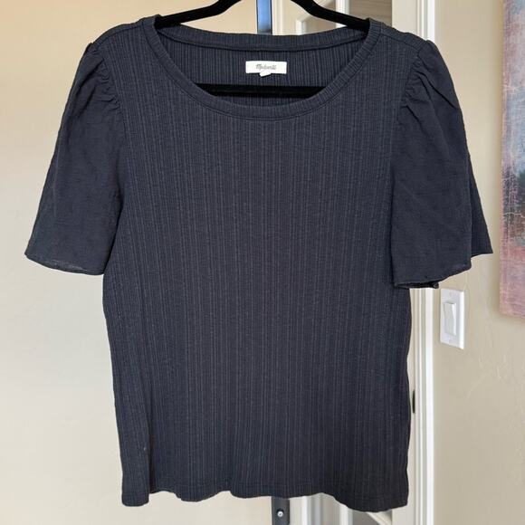Women’s Madewell Flutter Sleeve Weavemix Ribbed Top Black Medium Mixed Media - Picture 2 of 7